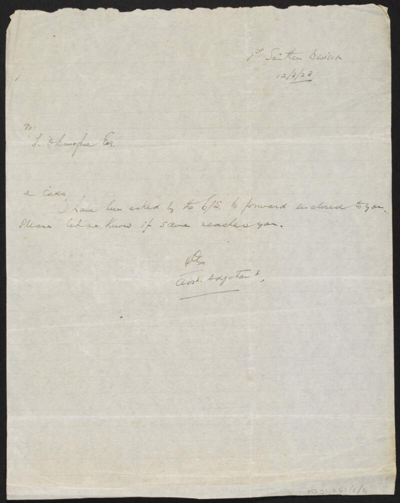 Letter from the 1st Southern Division to Florence O'Donoghue regarding a payment to O'Donoghue,