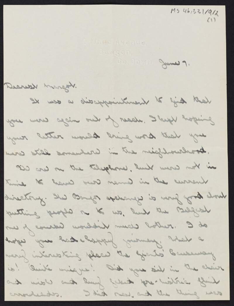 Letter from Eithne Ní Bhreathnaigh, County Down, to Margot Chenevix Trench discussing an orphanage in Bangor, the Giant's Causeway, and a garden of remembrance,