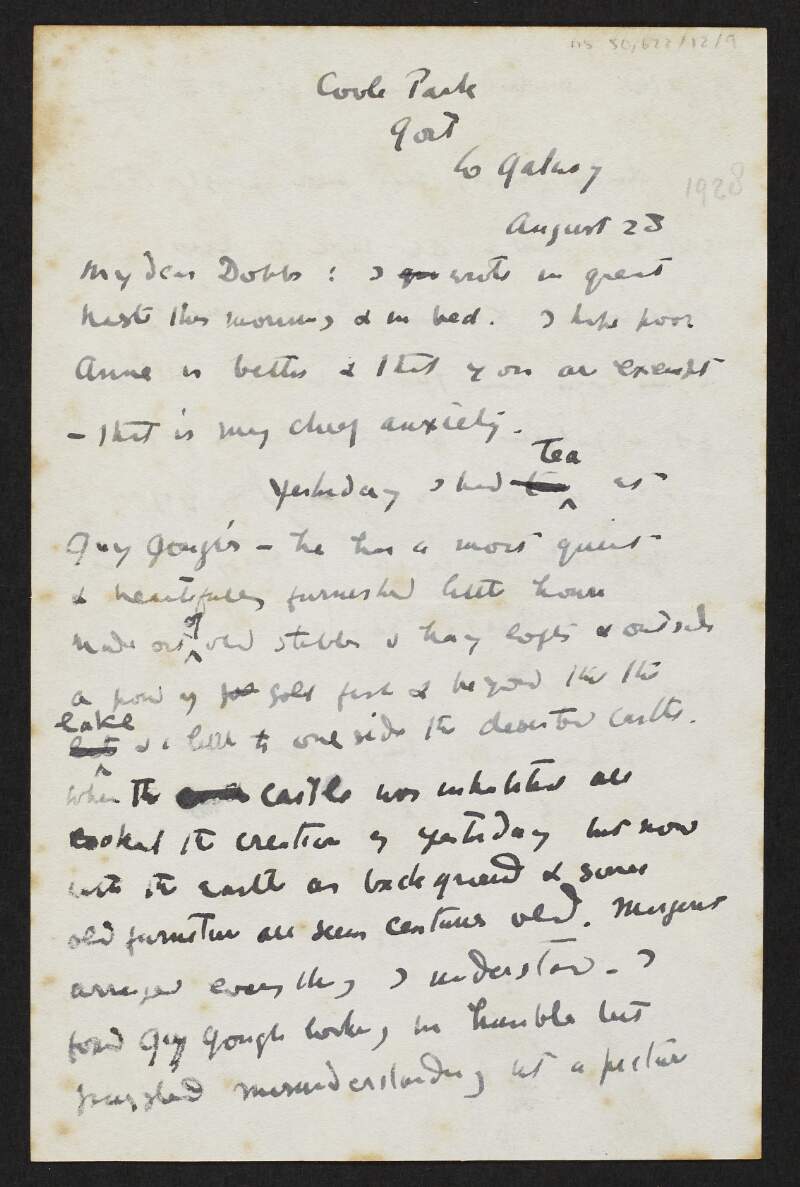 Letter from W. B. Yeats, Coole Park, Gort, Co. Galway, to George Yeats,
