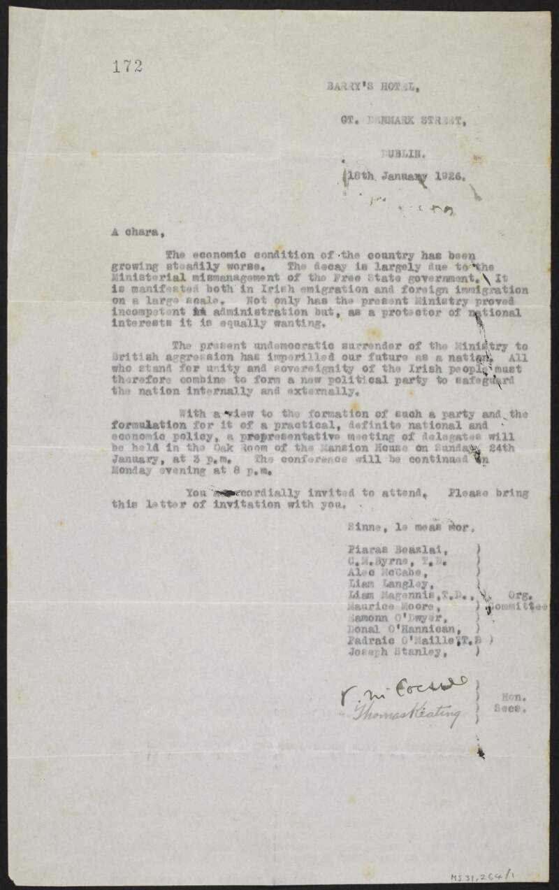 Copy letter from [Clann Éireann] to Florence O'Donoghue regarding plans to start a new Irish political party,