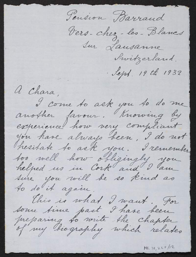 Letter from Étiennette Beuque to Florence O'Donoghue making an inquiry for her book on Terence MacSwiney regarding the Easter Rising,