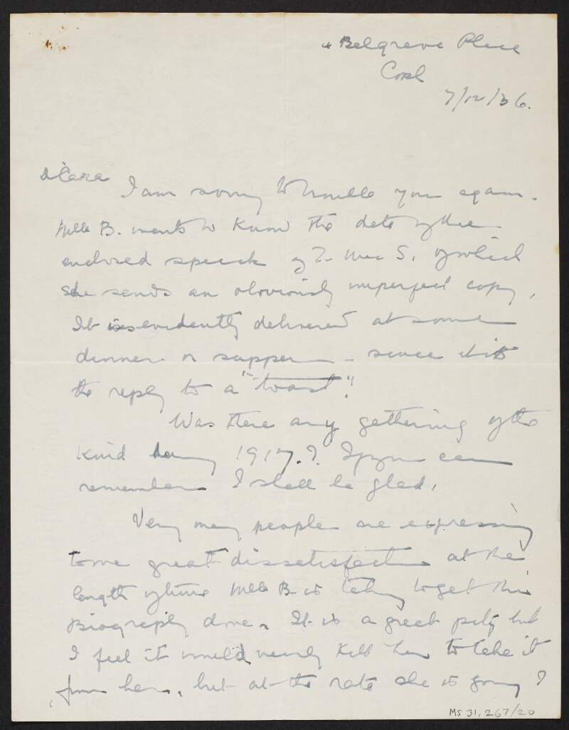 Letter from Mary MacSwiney to Florence O'Donoghue regarding a question from Étiennette Beuque relating to a speech by Terence MacSwiney in 1917,