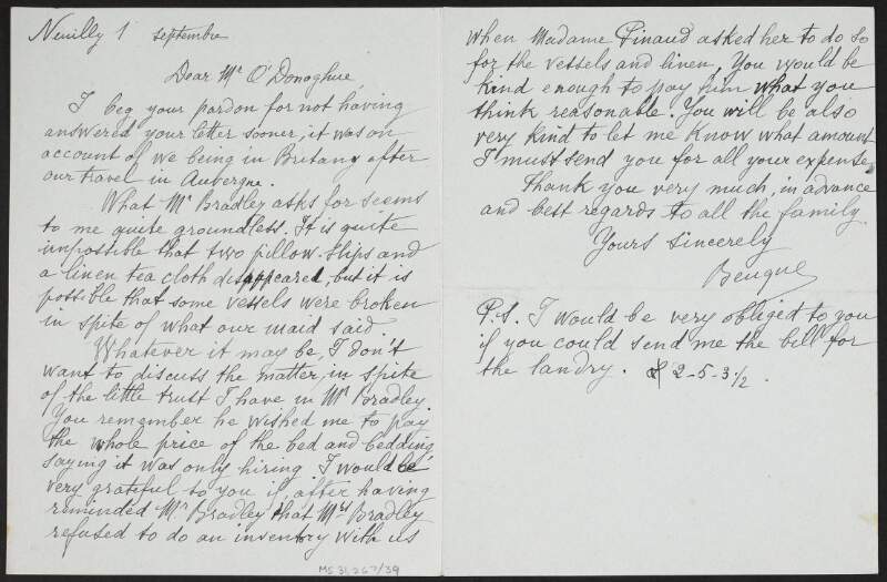 Letter from Étiennette Beuque to Florence O'Donoghue regarding the settlement of the bill for accommodation for the Beuque family while residing on holiday in Cork,