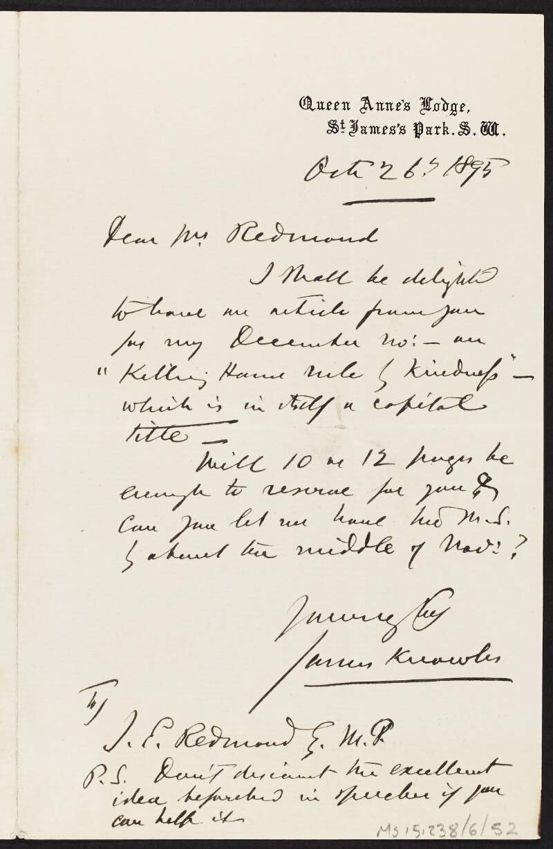 Letter from James Knowles to John Redmond on his willingness to publish Redmond's article titled "Killing Home Rule & Kindness",