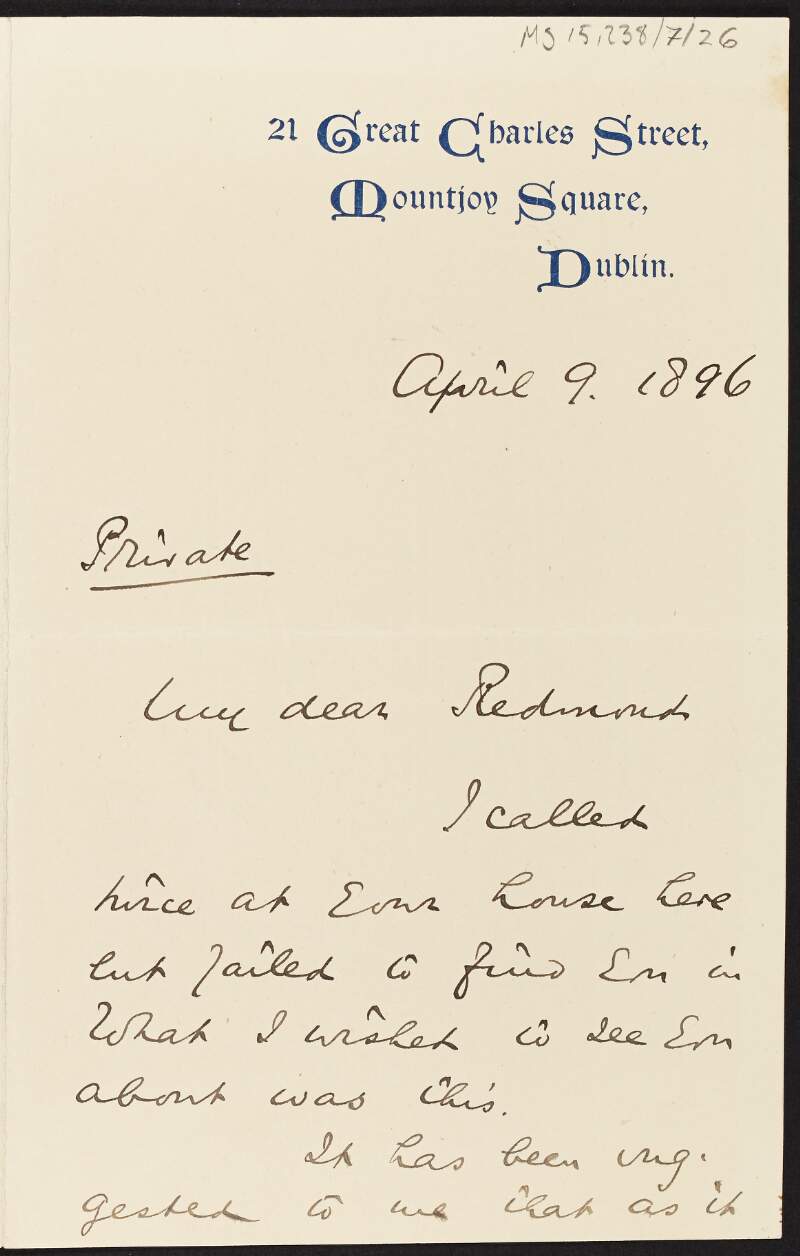 Letter from Richard J. Kelly to John Redmond regarding the position of Assistant Legal Commissioner under the Land Act,