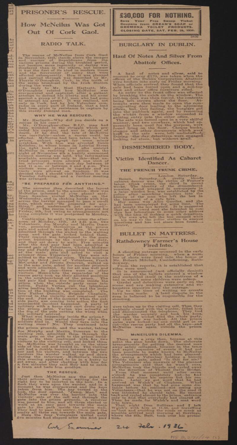 Newspaper cutting form the 'Cork Examiner' of article titled "Prisoner's Rescue / How McNeilus Was got out of Cork Gaol. Radio Talk", regarding an account from Florence O'Donoghue relating to Donnchadh Mac Niallghuis's arrest and escape from Cork Jail,