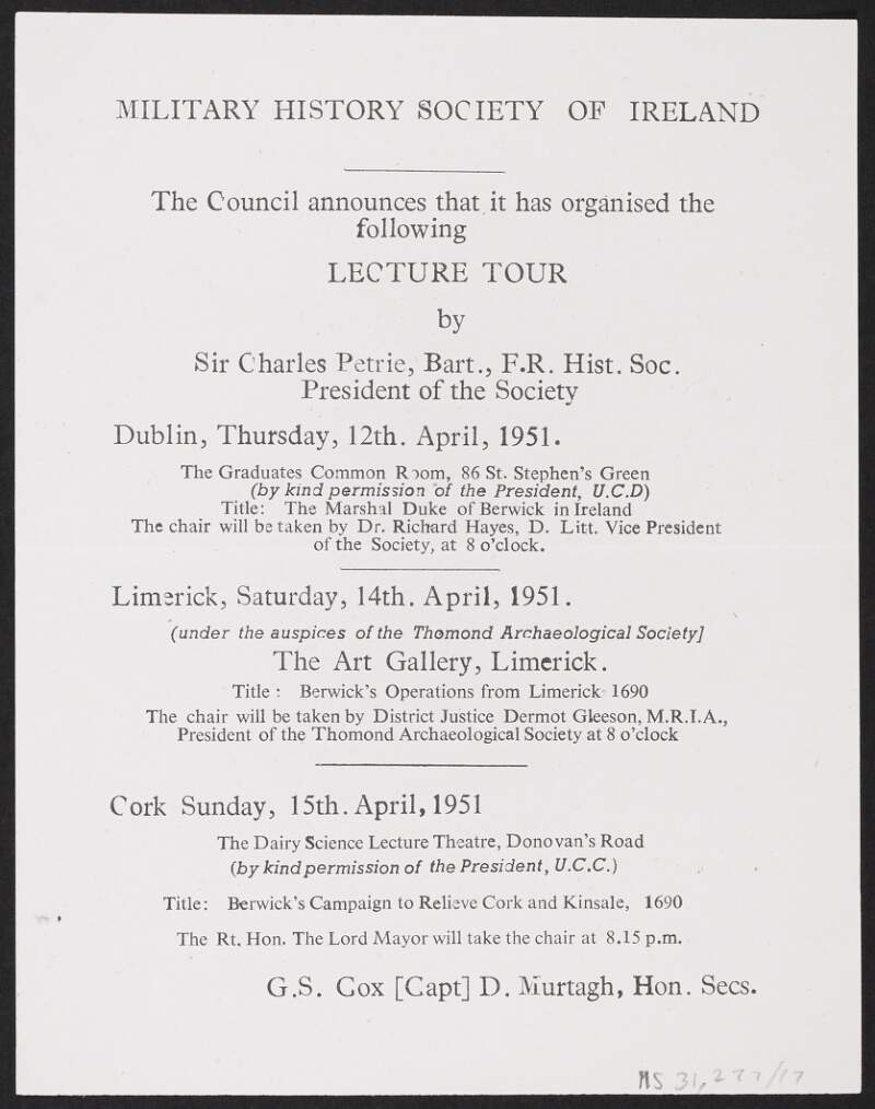 Flyer for lecture tour relating to Duke Berwick by Sir Charles Petrie, Military History Society of Ireland,
