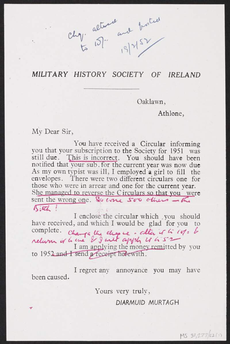 Letter from Diarmuid Murtagh, Military History Society of Ireland, to Florence O'Donoghue acknowledging payment of subscription for 1952, includes receipt,