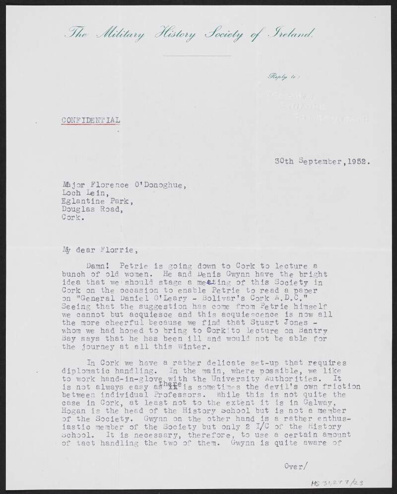 Letter from Diarmuid Murtagh, Military History Society of Ireland, to Florence O'Donoghue regarding plans for a lecture by George Petrie in University College Cork [UCC] on General Daniel O'Leary,