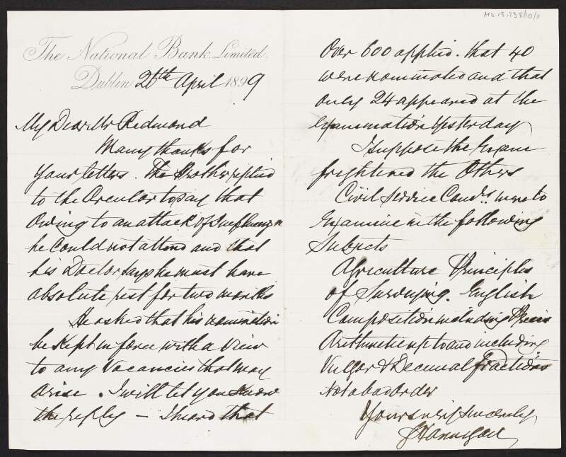 Letter from unidentified person, the National Bank, to John Redmond regarding his brother's health and appointment,