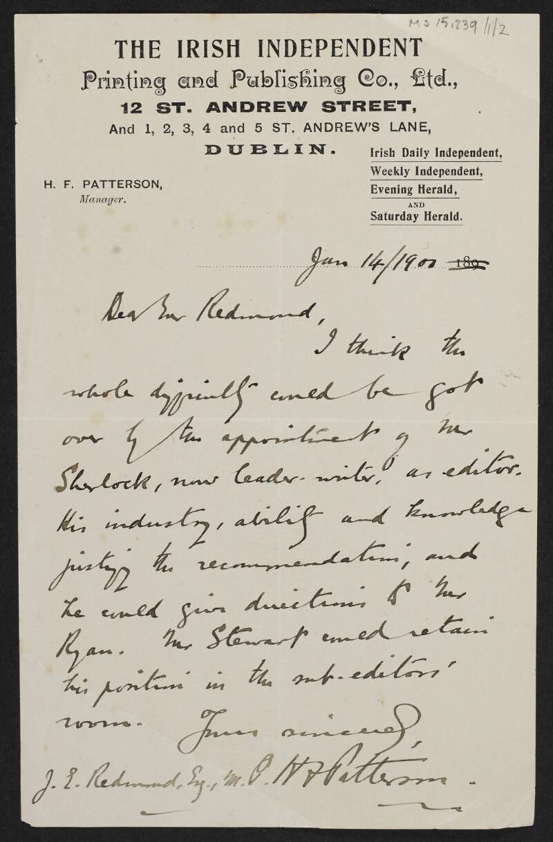Letter from H. F. Patterson to John Redmond recommending the appointment of "Mr. Sherlock" as editor of the 'Independent',