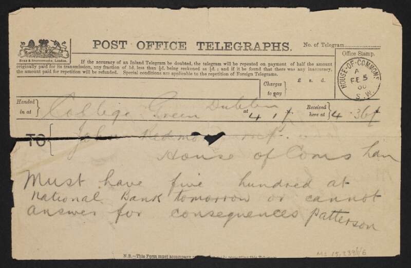 Telegram from H. F. Patterson to John Redmond informing him that the National Bank require payment,
