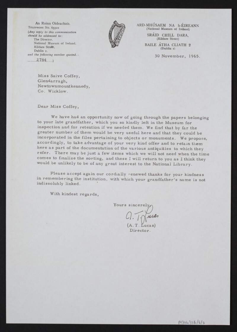 Letter from A.T. Lucas of National Museum of Ireland to Saive Coffey regarding the donation of George Coffey's papers,