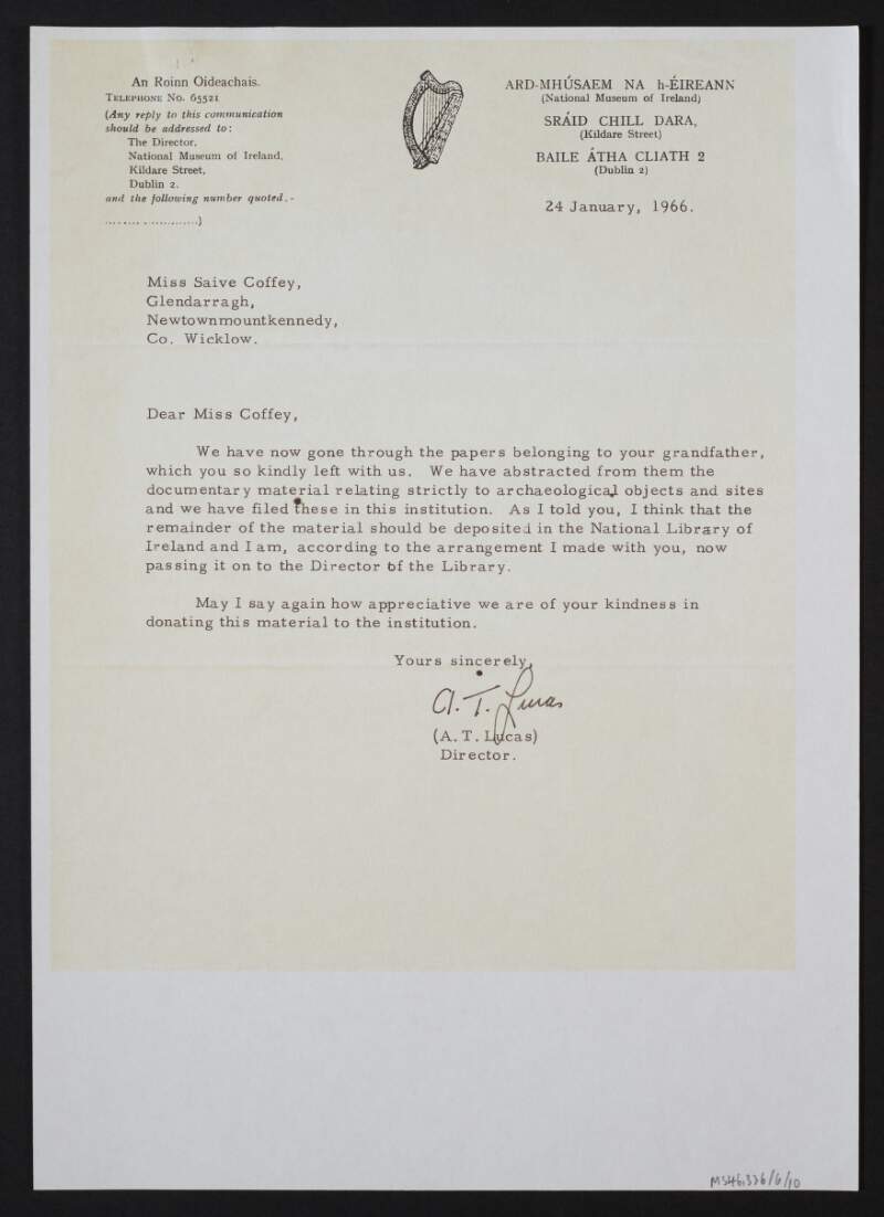 Letter from A.T. Lucas of National Museum of Ireland to Saive Coffey informing her where the material she donated is being deposited,