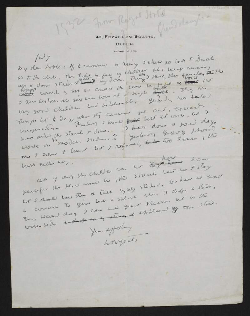 Letter from W. B. Yeats, [Royal Hotel, Glendalough, Co. Wicklow], to George Yeats,