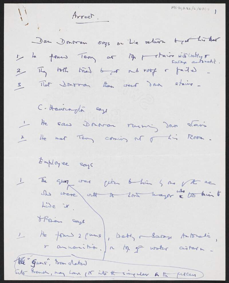 Draft notes by Florence O'Donoghue titled "Arrest" outlining corrections and suggestions for Moirin Cheavasa's book on Terence MacSwiney,