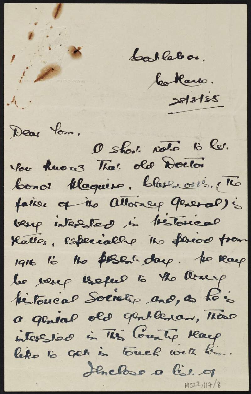 Letter from unidentified author to J.J. O'Connell regarding contribution of information to the Army Historical Society,