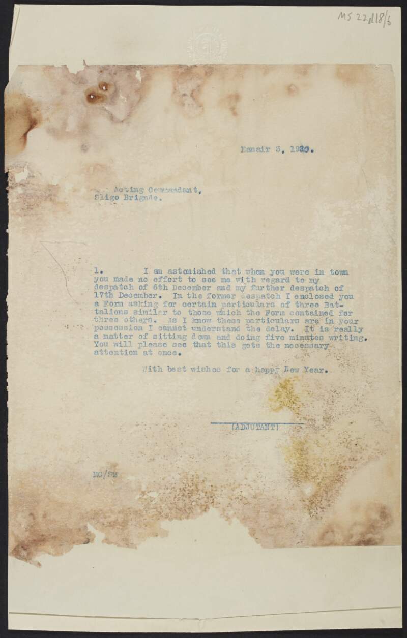 Letter from Michael Collins to unidentified person regarding a form sent and delay in response to previous letters,