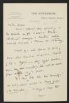 Letter from W. B. Yeats, The Athenaeum, Pall Mall, [London], S.W.1., to George Yeats,