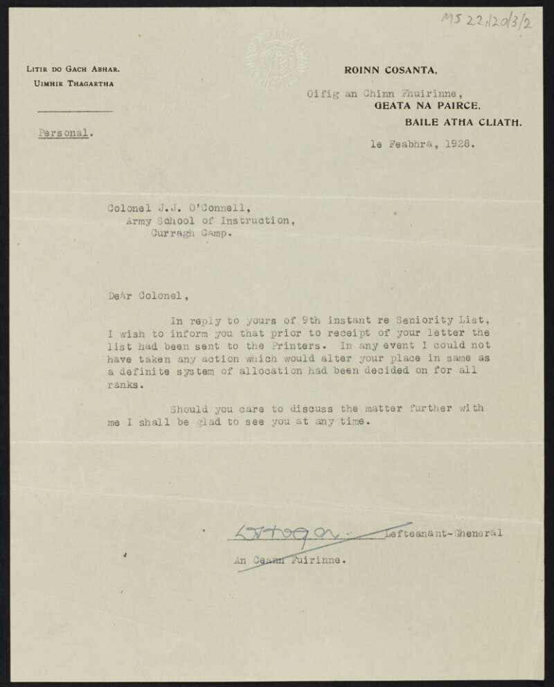 Letter from unidentified author to J.J. O'Connell regarding a seniority list,