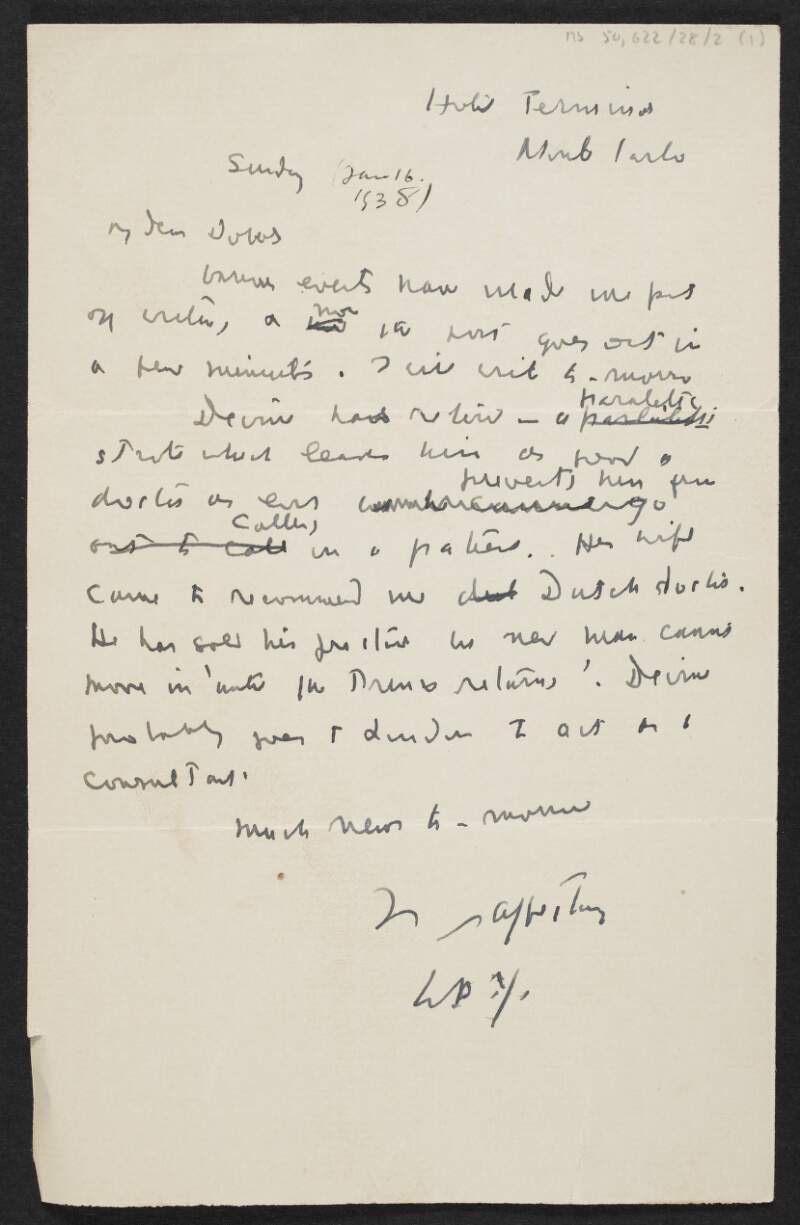 Letter from W. B. Yeats, Hotel Terminus, Monte Carlo, France, to George Yeats, Riversdale, Rathfarnham, Dublin, Ireland, Irlande,