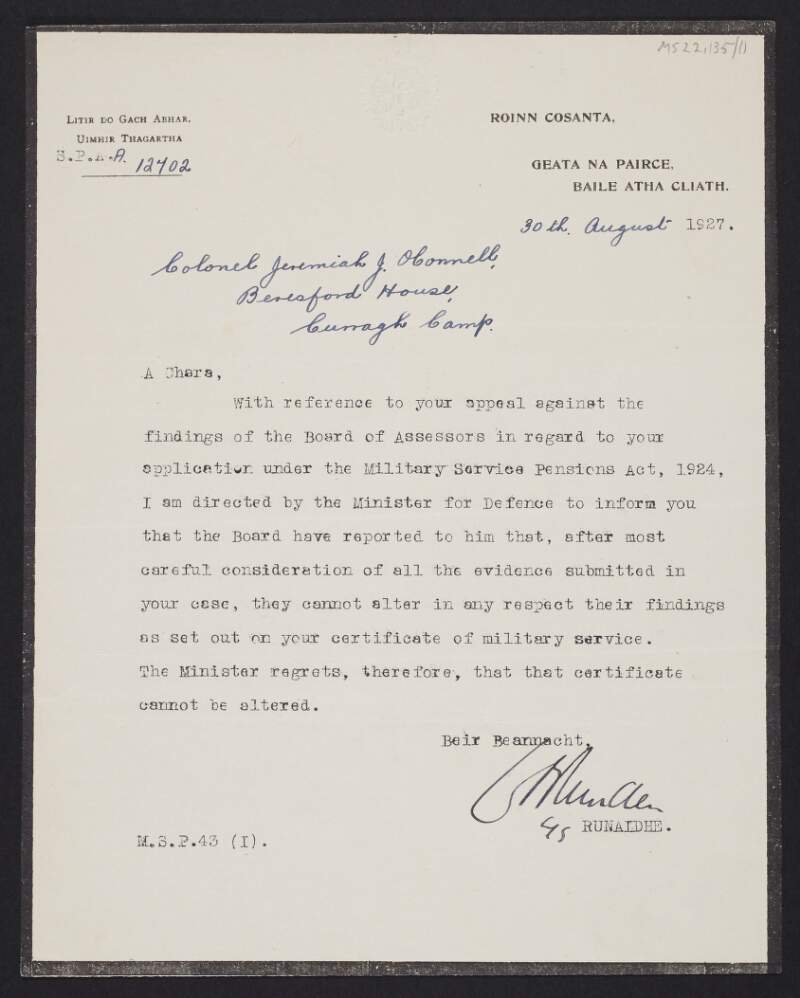 Letter from Secretary of Department of Defence, to J.J. O'Connell regarding his appeal to have his military services recognised,