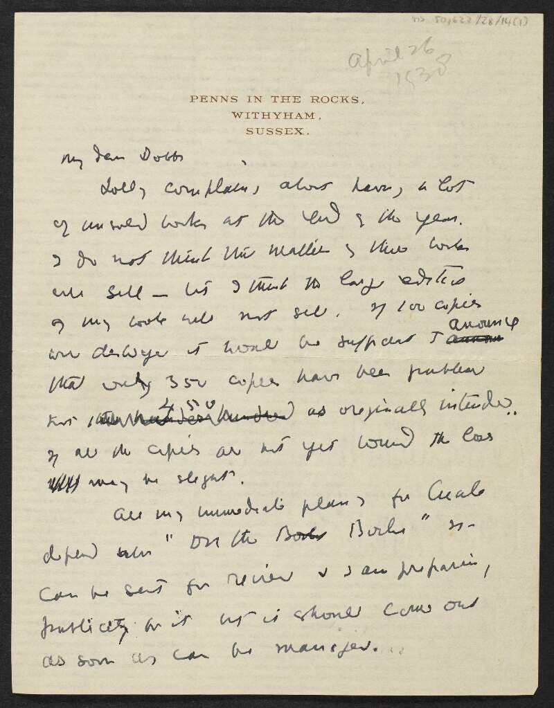 Letter from W. B. Yeats, Penns in the Rocks, Withyham, Sussex, to George Yeats, Riversdale, Rathfarnham, Co. Dublin,