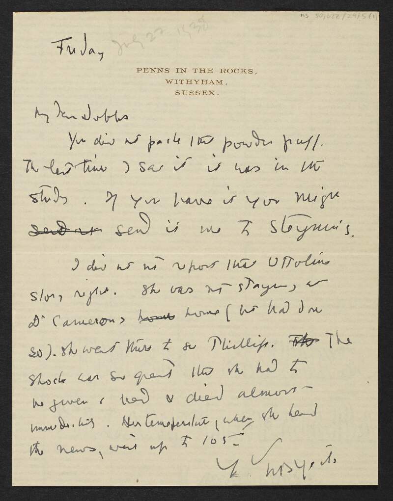 Letter from W. B. Yeats, Penns in the Rocks, Withyham, Sussex, to George Yeats, Riversdale, Rathfarnham, Dublin,