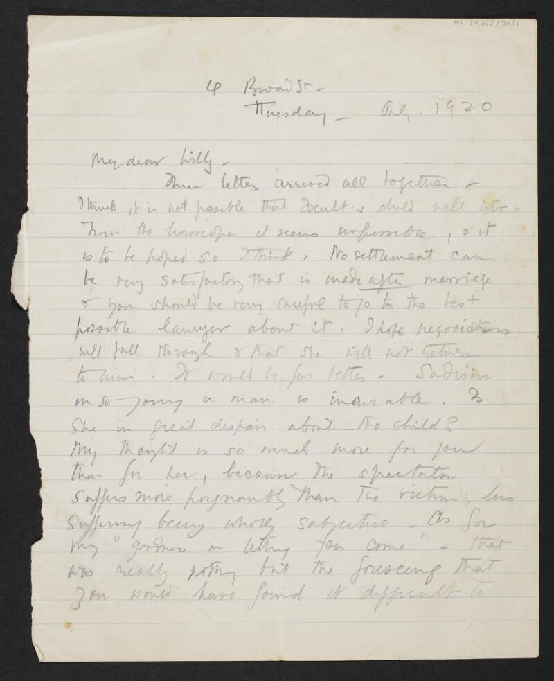 Letter from George Yeats, 4 Broad Street, [Oxford], to W. B. Yeats,