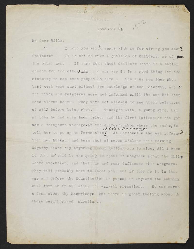 Letter from George Yeats, 82 Merrion Square, Dublin, to W. B. Yeats,