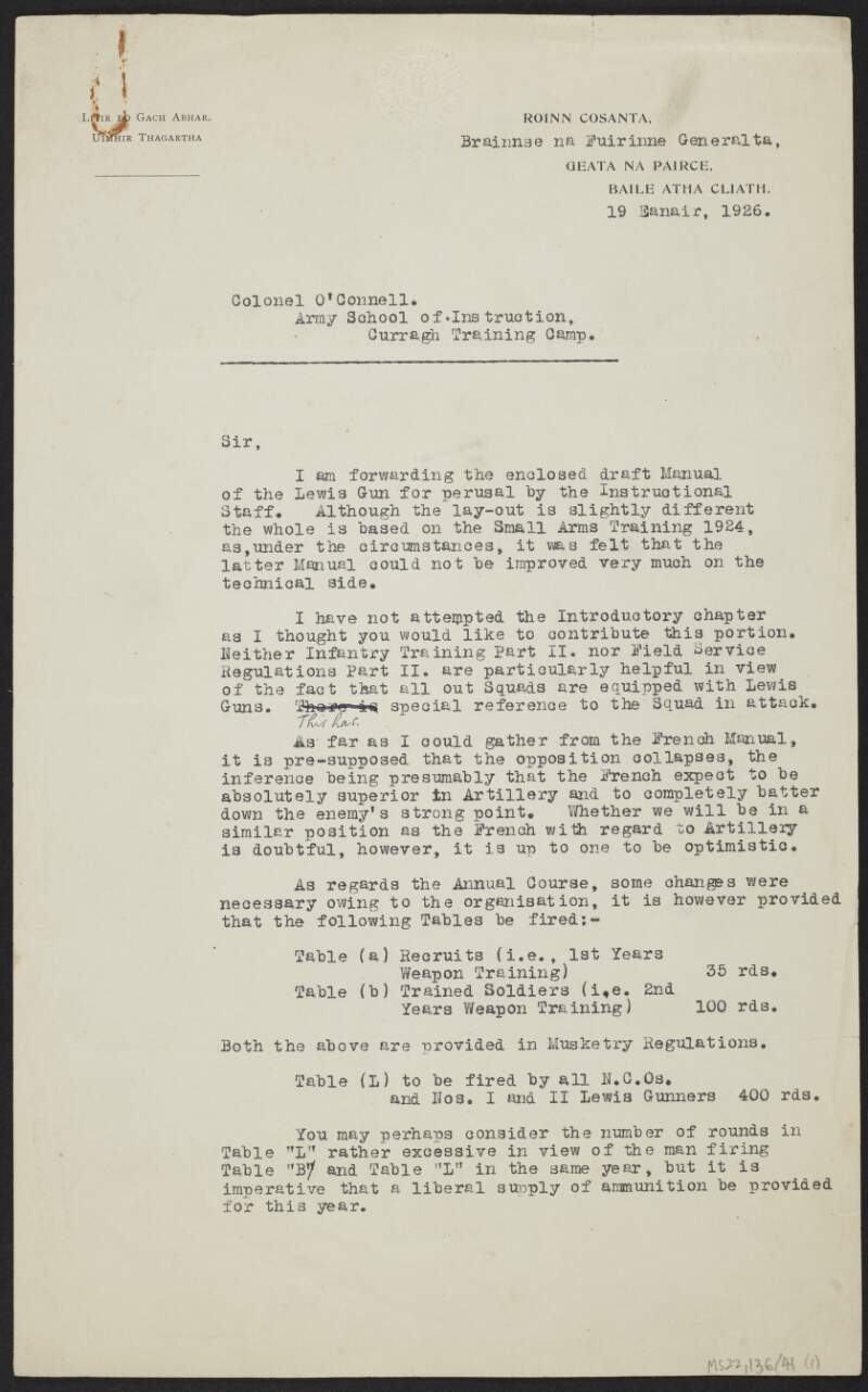 Letter from the Department of Defence to J.J. O'Connell, Army School of Instruction, regarding a nonextant draft manual of the Lewis Gun,