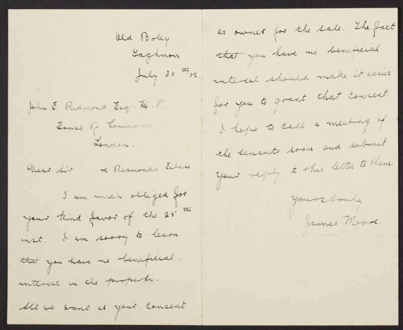 Letter from James Moore to John Redmond requesting Redmond's consent for a sale,