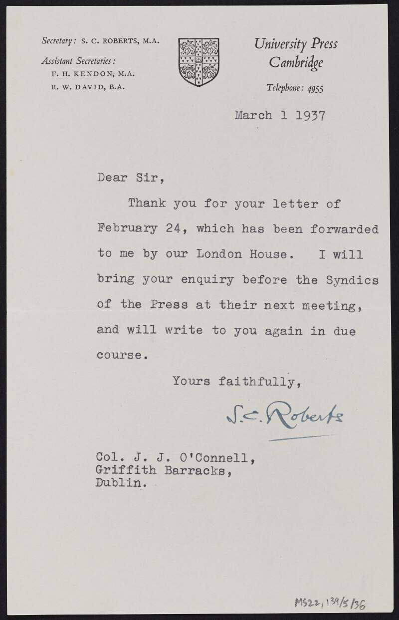 Letter from Cambridge University Press to J.J. O'Connell regarding a letter received,