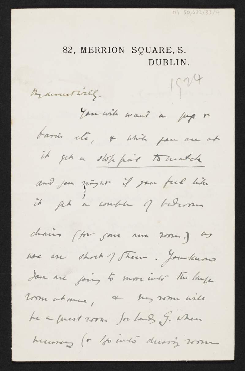 Letter from George Yeats, 82 Merrion Square, S., Dublin, to W. B. Yeats,