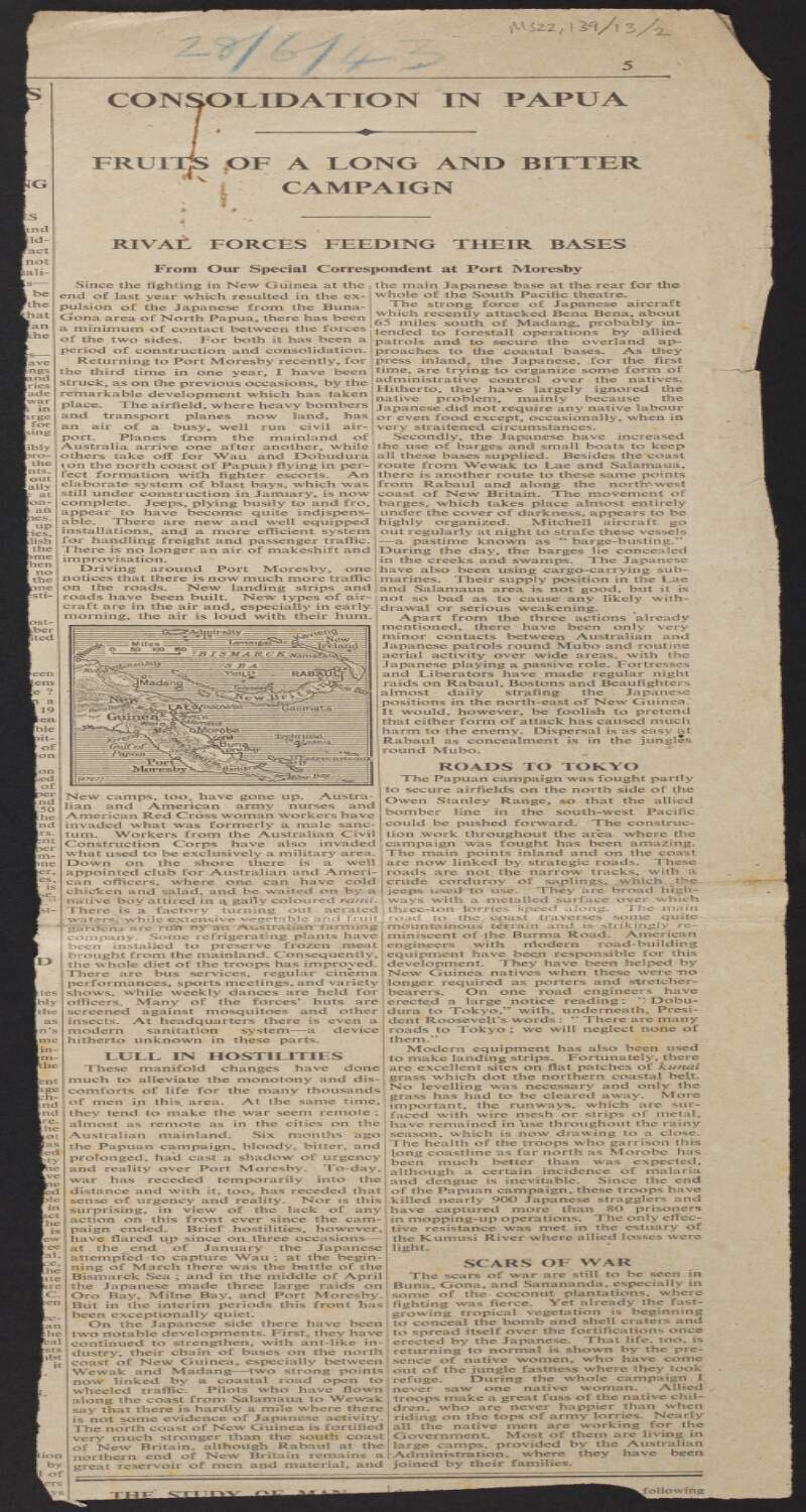 Newspaper cutting regarding conflict in New Guinea and Papua,