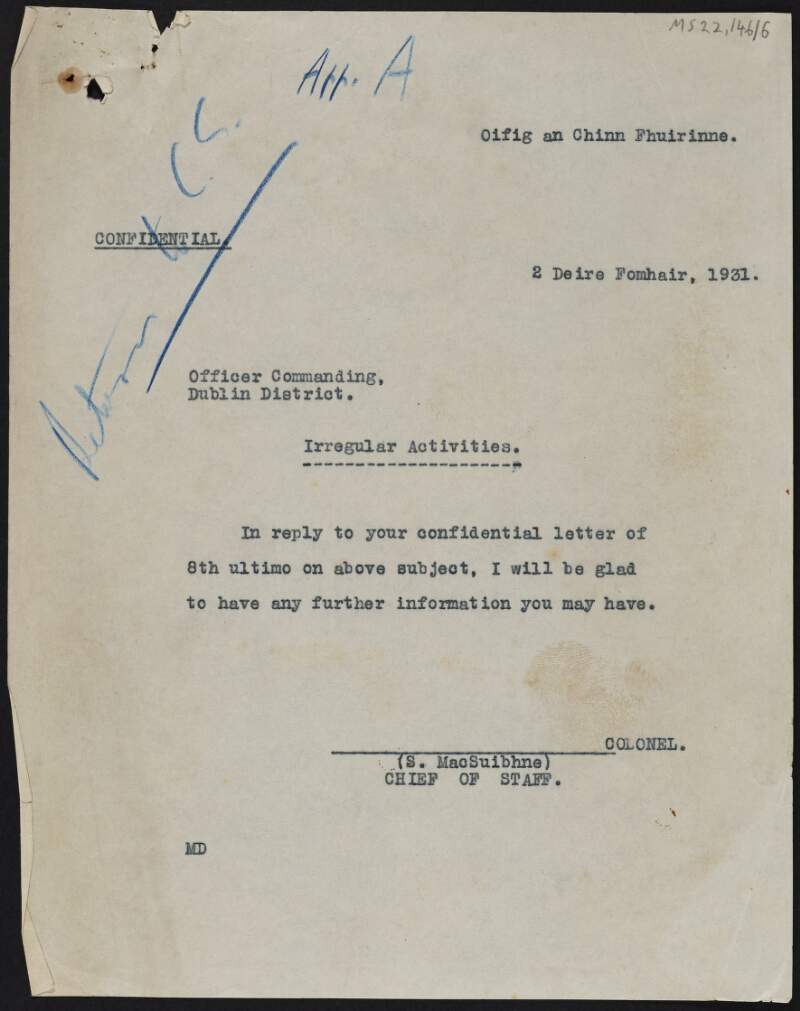 Letter from Joseph Sweeney, Chief of Staff, Department of Defence to Officer Commanding, Dublin District regarding a confidential letter about irregular activities,