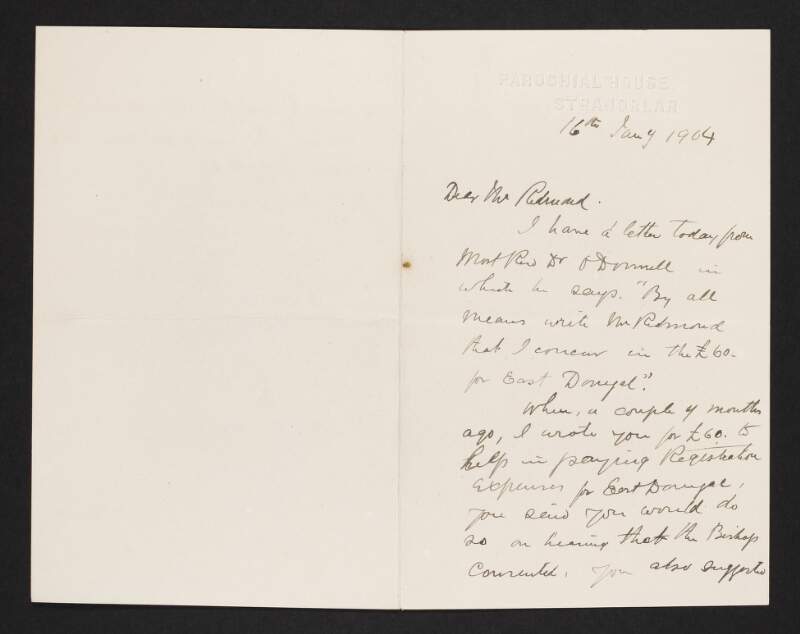 Letter from Charles McGlynn, Parish Priest, Stranorlar, Co. Donegal, to John Redmond regarding his request for registration expenses for East Donegal,