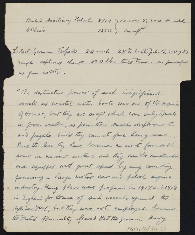 Notes by J.J. O'Connell regarding matters of the Royal Navy during the First World War,