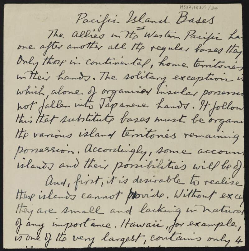 Notes by J.J. O'Connell titled "Pacific Island Bases",