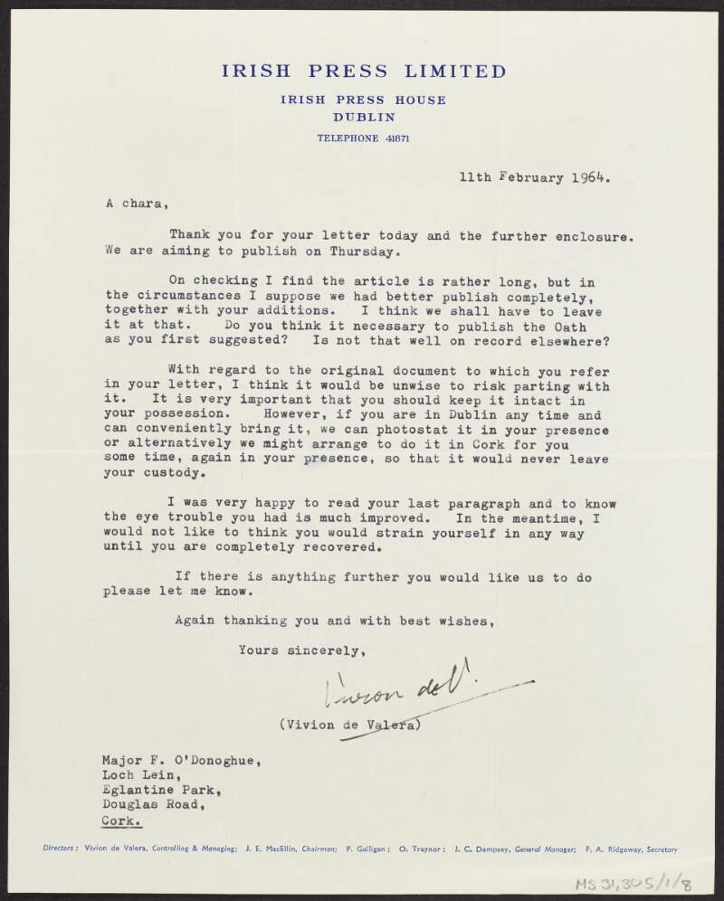 Letter from Vivion De Valera, 'Irish Press', to Florence O'Donoghue regarding the publication of an article by O'Donoghue in the 'Irish Press',