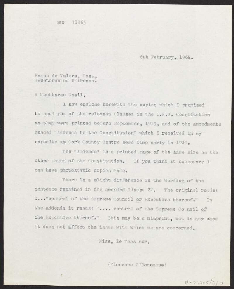 Copy letter from Florence O'Donoghue to Éamon De Valera enclosing copies of the clauses and addenda of the Irish Republican Brotherhood Constitution,