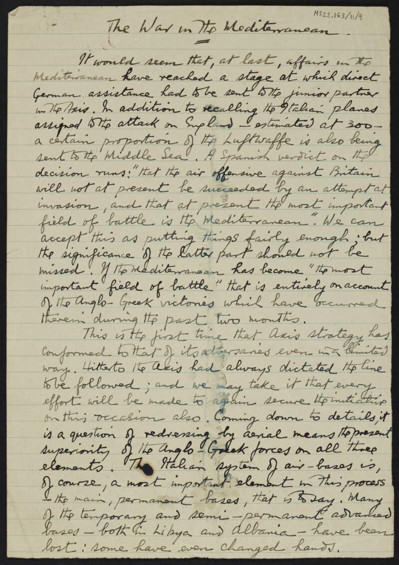 Notes by J.J. O'Connell titled "The War in the Mediterranean",