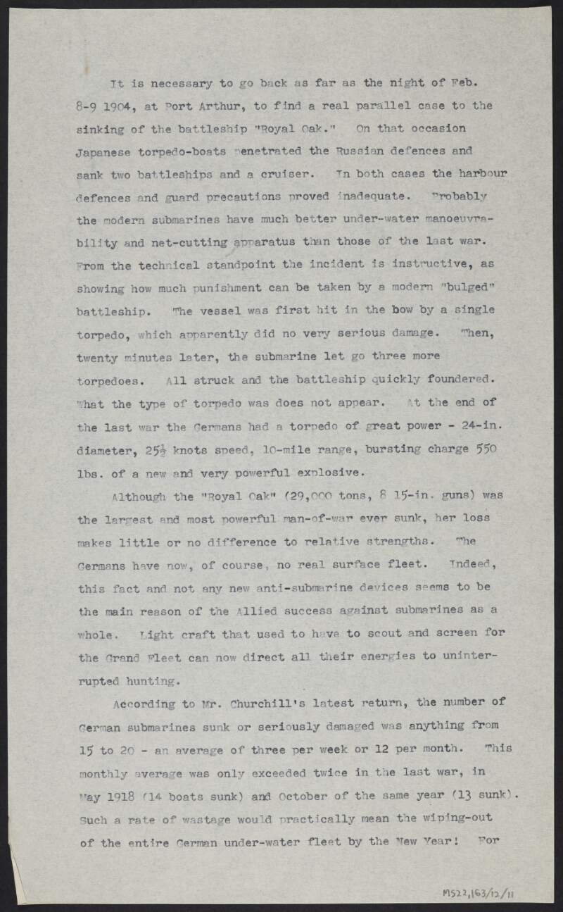 Notes by J.J. O'Connell regarding the sinking of the British Royal Navy ship 'Royal Oak' during the Second World War,