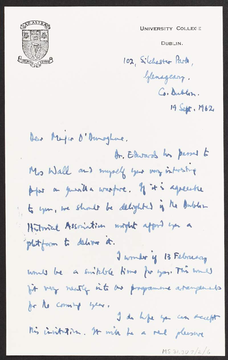 Letter from John A. Watt to Florence O'Donoghue inviting O'Donoghue to read his article on guerrilla warfare in Ireland before the Dublin Historical Association,