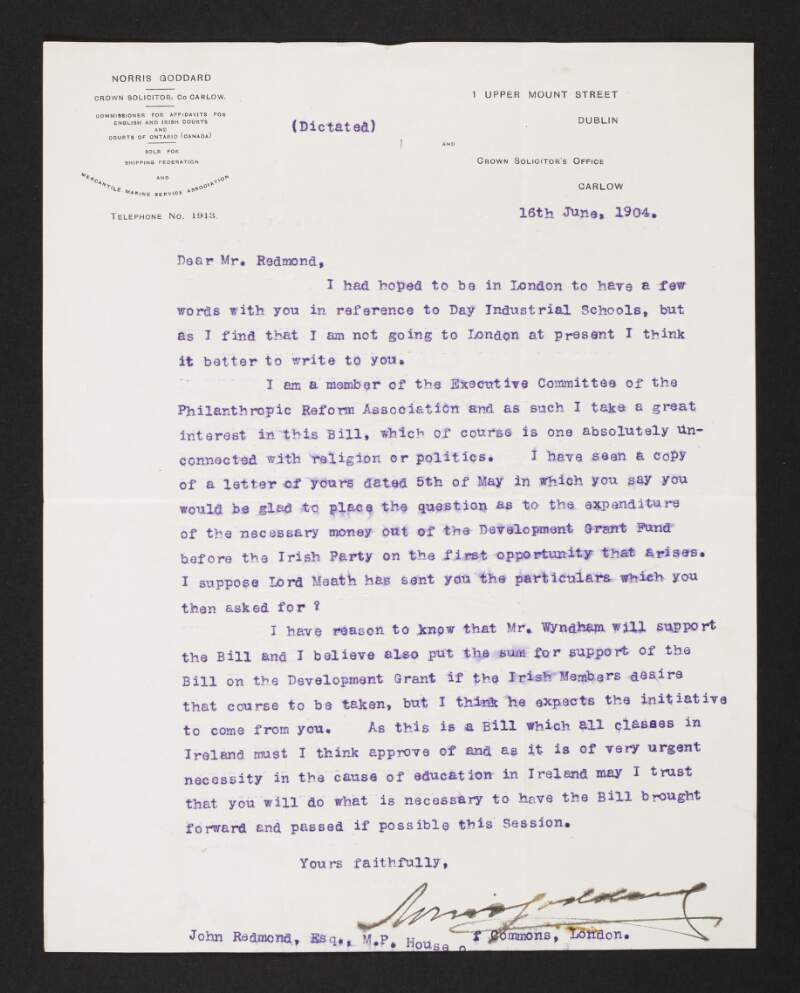 Letter from Norris Goddard to John Redmond regarding the Day Industrial Schools' Bill,