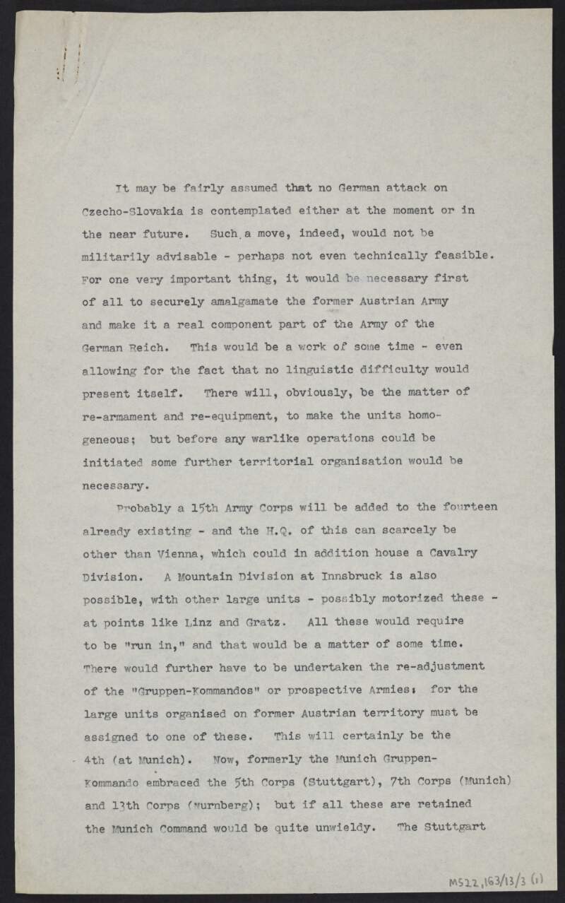 Notes by J.J. O'Connell regarding speculation on a potential attack on Czecho-Slovakia by the Germans and the military amalgamation of different army corps,