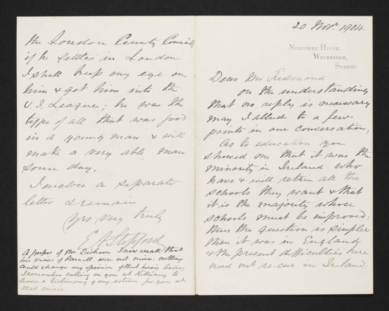 Letter from unidentified person to John Redmond discussing his views on education and his hopes to enter parliament,