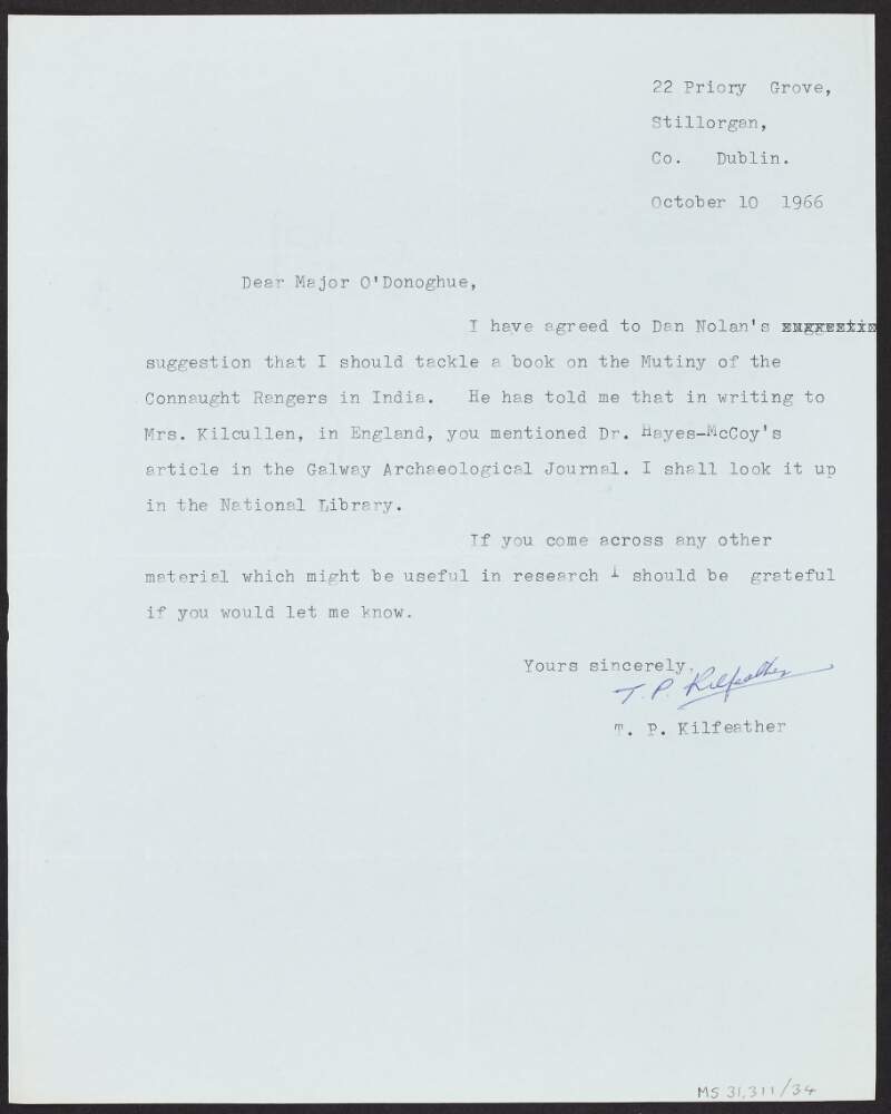 Letter from T.P. Kilfeather to Florence O'Donoghue agreeing to write a book on the Connaught Rangers Mutiny in India in 1920,