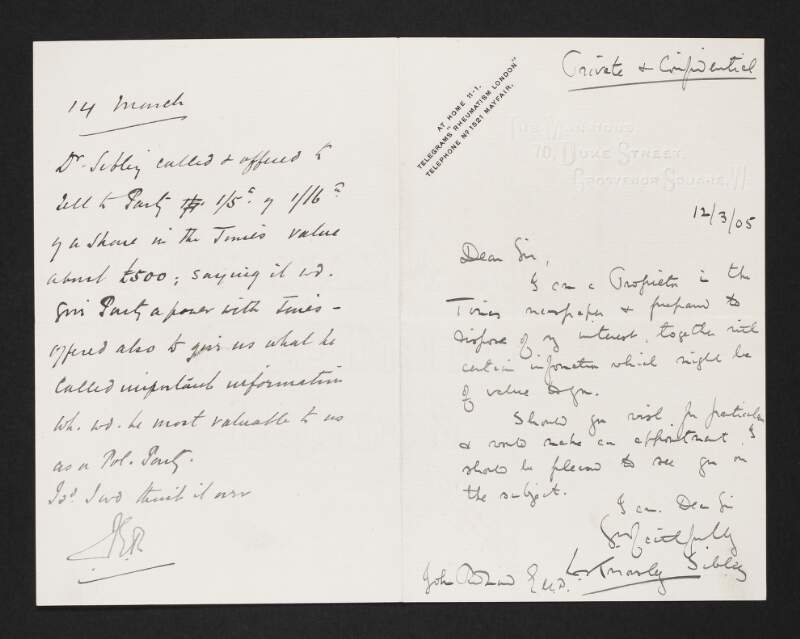 Letter from unidentified person to John Redmond offering information, with copy reply from Redmond inscribed,