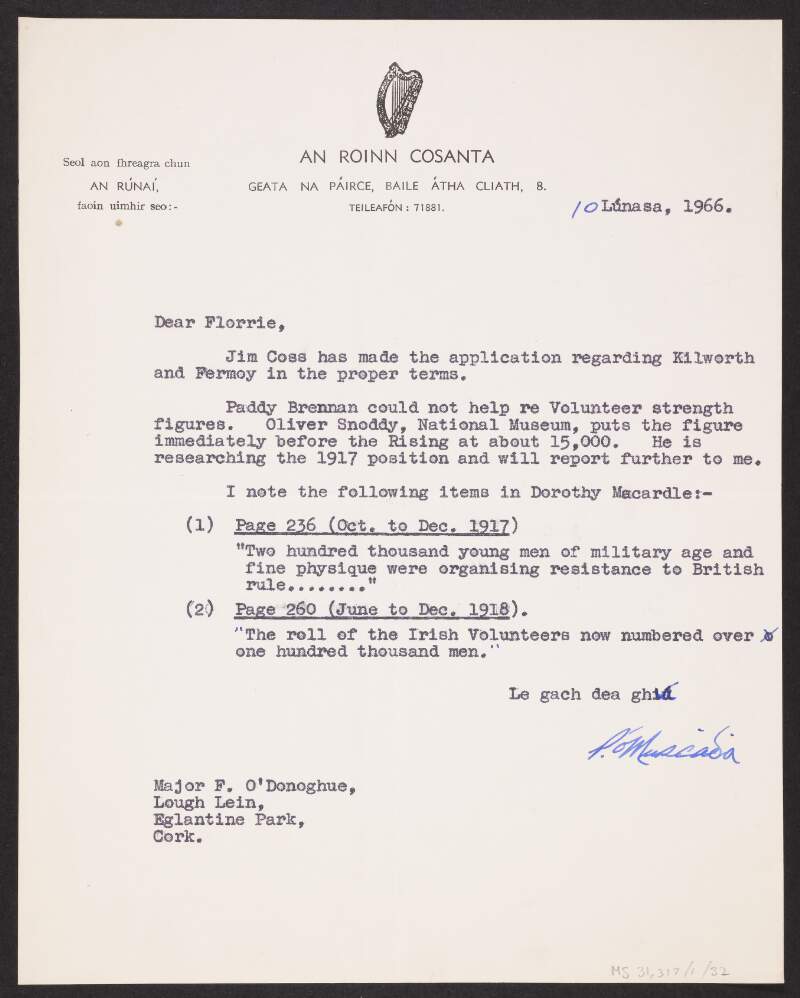 Letter from unidentified author, Defence Forces, to Florence O'Donoghue regarding the strength of the Irish Volunteers in 1917,